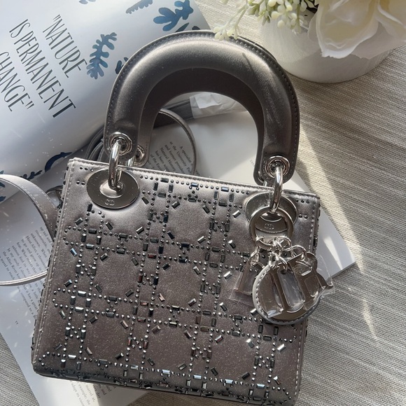 Dior Handbags - Dior Mini Beaded Satin Cannage Lady Dior Satchel Silver